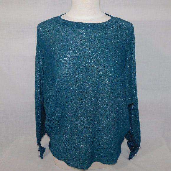 Suzy Shier Womens L Sparkle Glitter Blue oversized Wing Sleeve Top Sweater - Picture 11 of 11